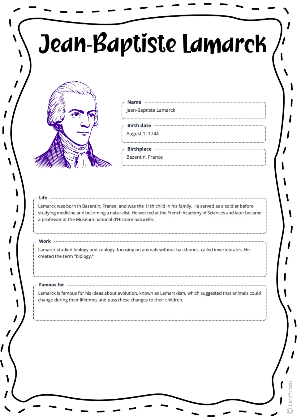 Completed Lamarck fact sheet with a purple portrait, birth details, and summaries of his life and scientific work