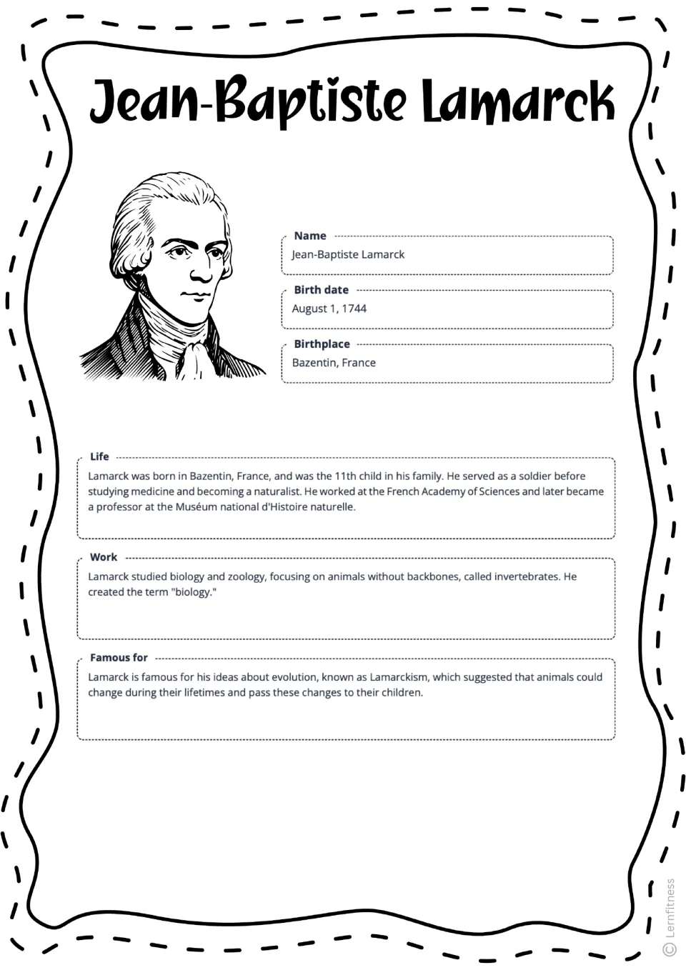 Completed Lamarck fact sheet with a black-and-white portrait, birth details, and life, work, and fame summaries