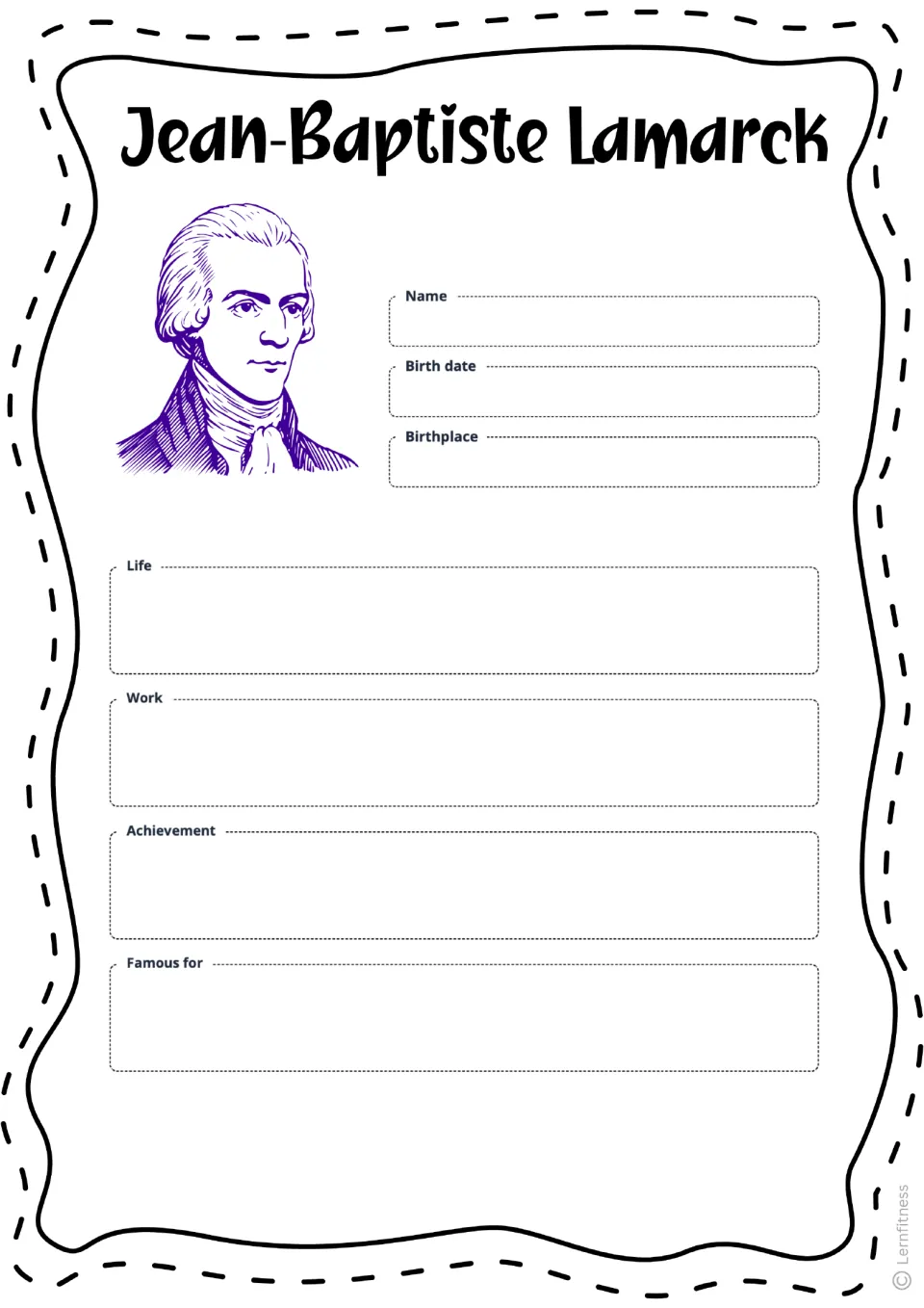 Blank Lamarck fact sheet asking for name, birth date, birthplace, life, work, achievement, and reasons for fame