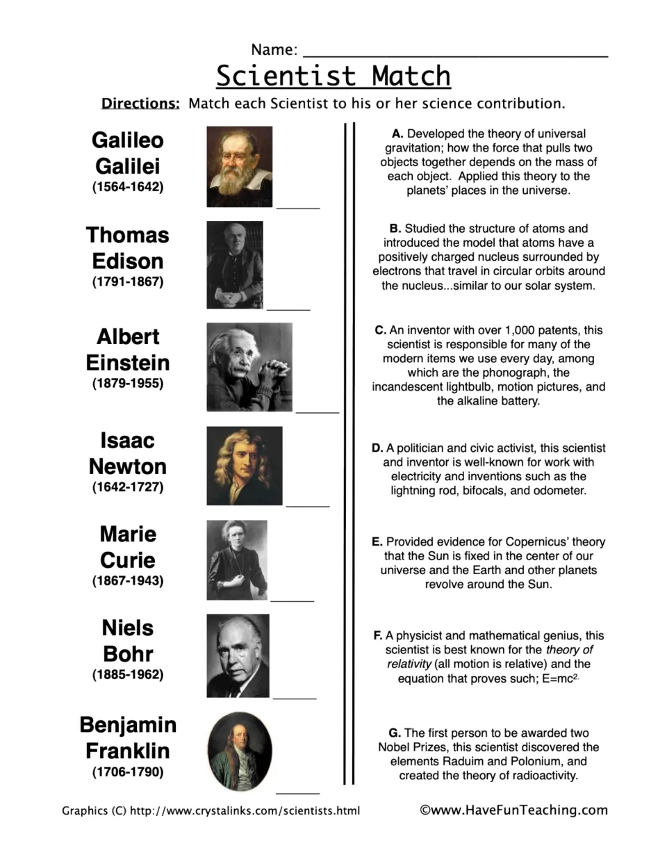Science matching activity: Galileo, Edison, Einstein, Newton, Curie, Bohr, and Franklin and their contributions