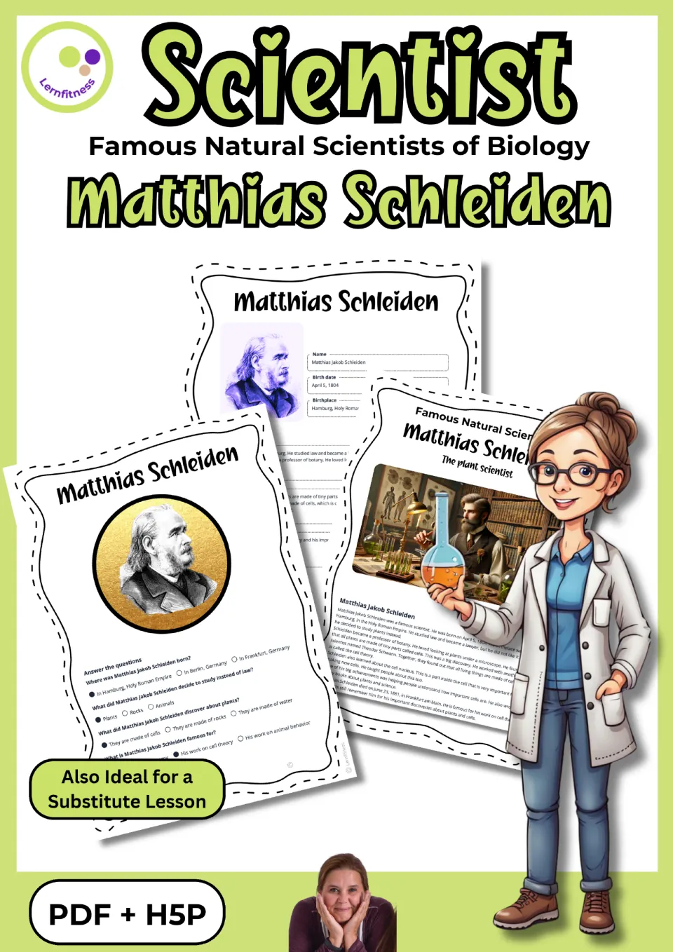 Cover for Famous Natural Scientists of Biology: Matthias Schleiden, showing fact sheet, profile and quiz pages, PDF + H5P
