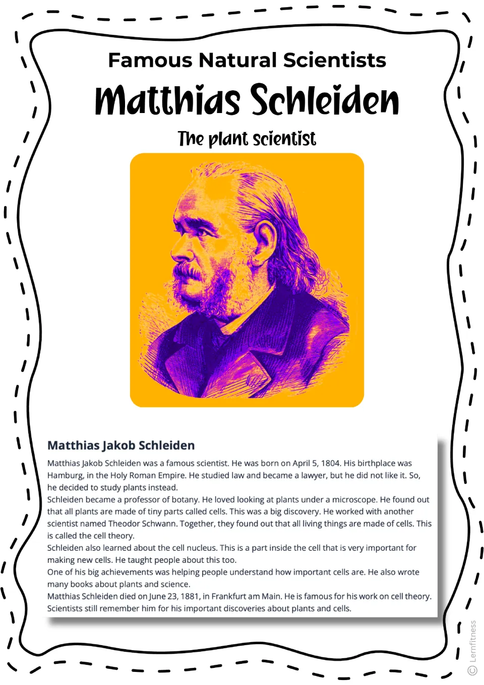 Matthias Schleiden, the plant scientist: color portrait and biography text on botany, cell theory and the cell nucleus