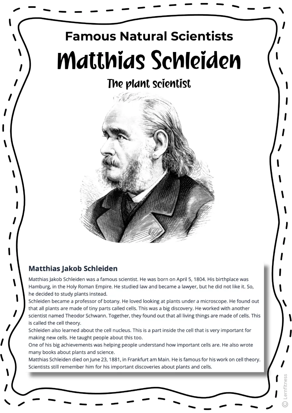 Schleiden biography reading in black and white: engraved portrait plus text on his life, work with Schwann and cell theory