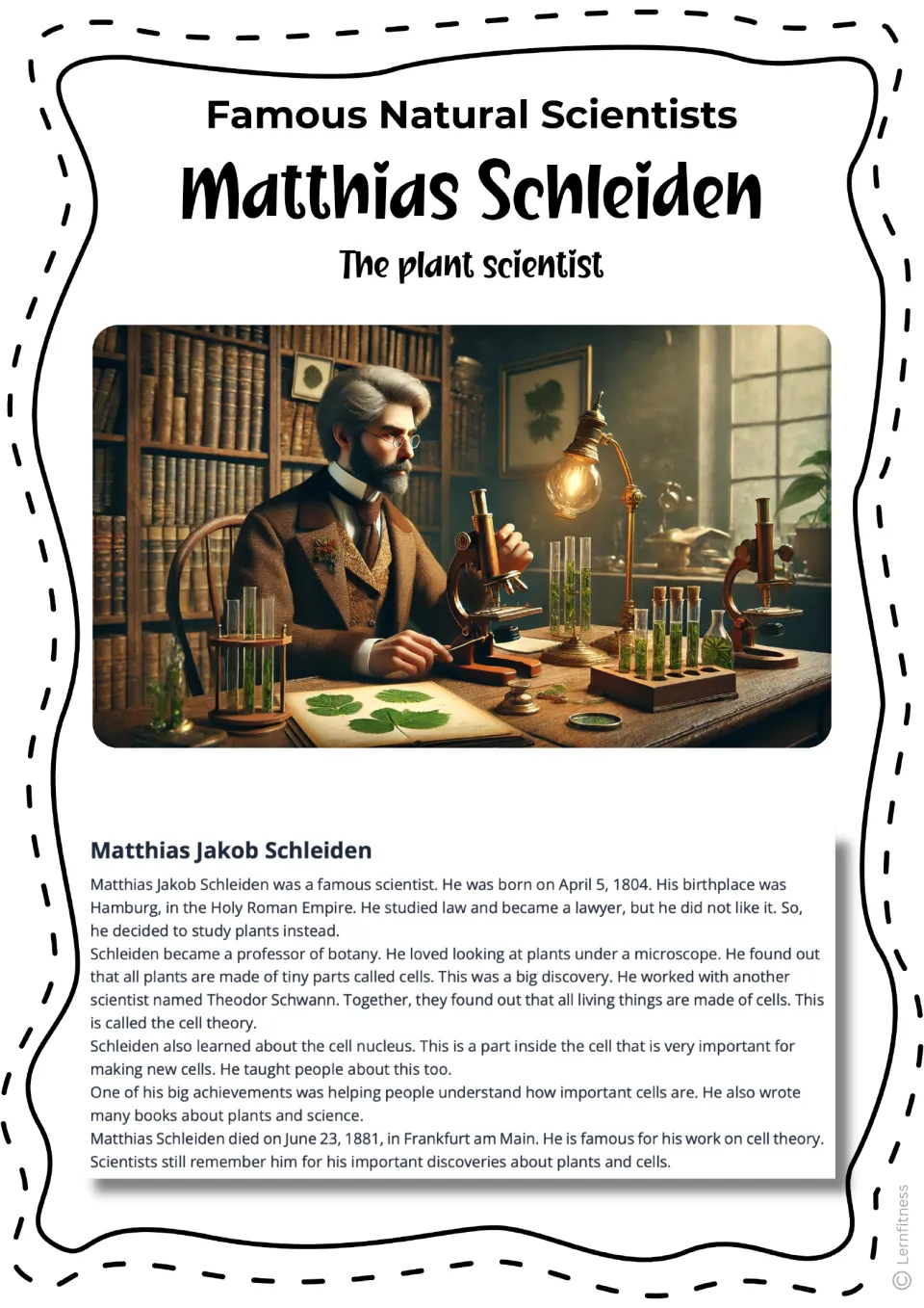 Plant scientist biography with an illustration of Schleiden at a microscope among leaves and test tubes, plus life story
