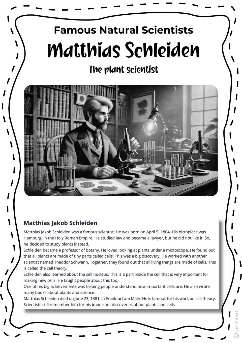 Grayscale version of the Schleiden reading: lab scene at a microscope and text on botany, cells and the nucleus, 1804-1881