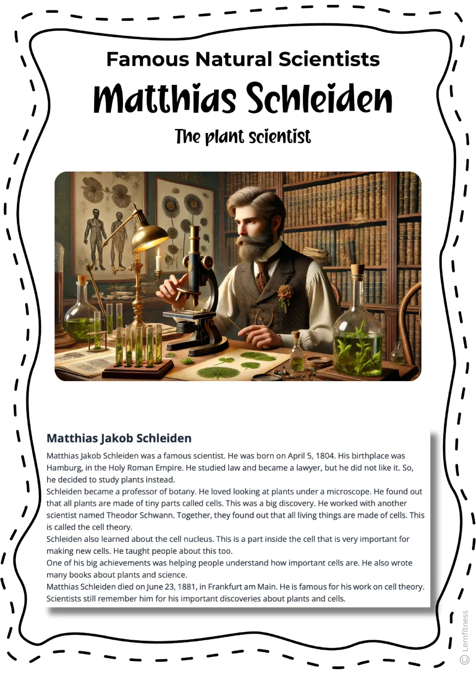 Schleiden reading with a second lab scene, a bearded scientist at a microscope beside plant posters, and biography text