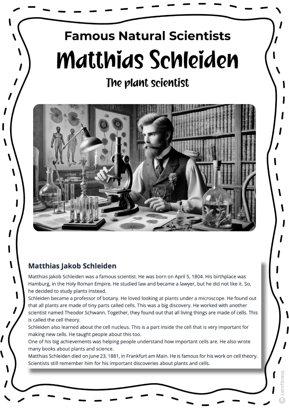 Black and white copy of the alternate lab-scene reading on Schleiden, covering his law studies, botany and cell theory