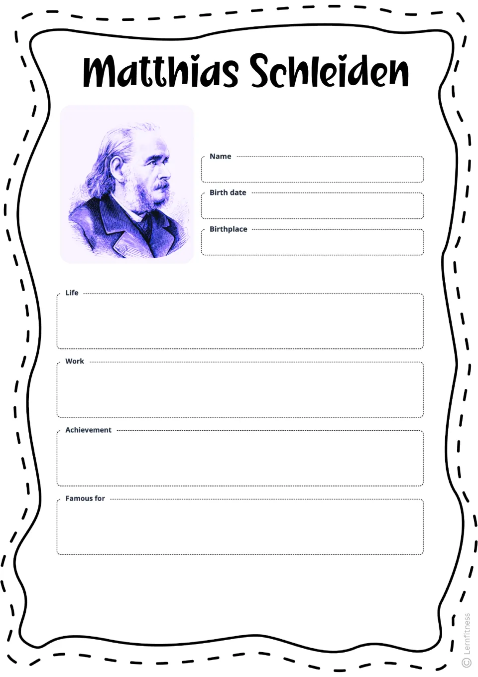 Blank Schleiden profile: students write his name, birth date, birthplace, life, work, achievement and what he is famous for
