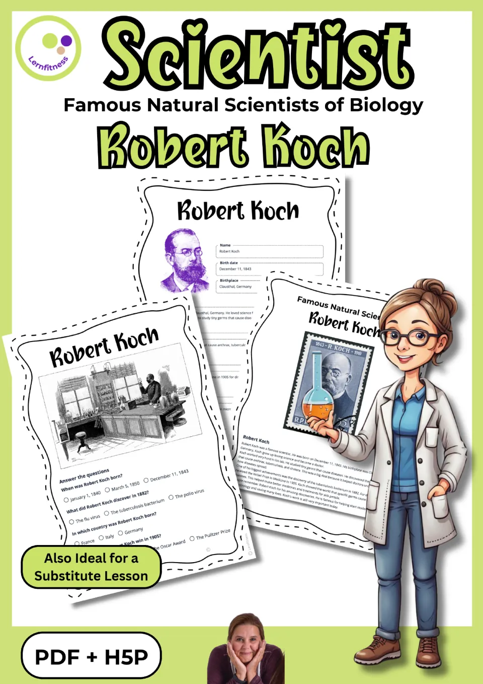 Robert Koch resource cover showing biography, fact sheet, and quiz samples, labeled PDF + H5P