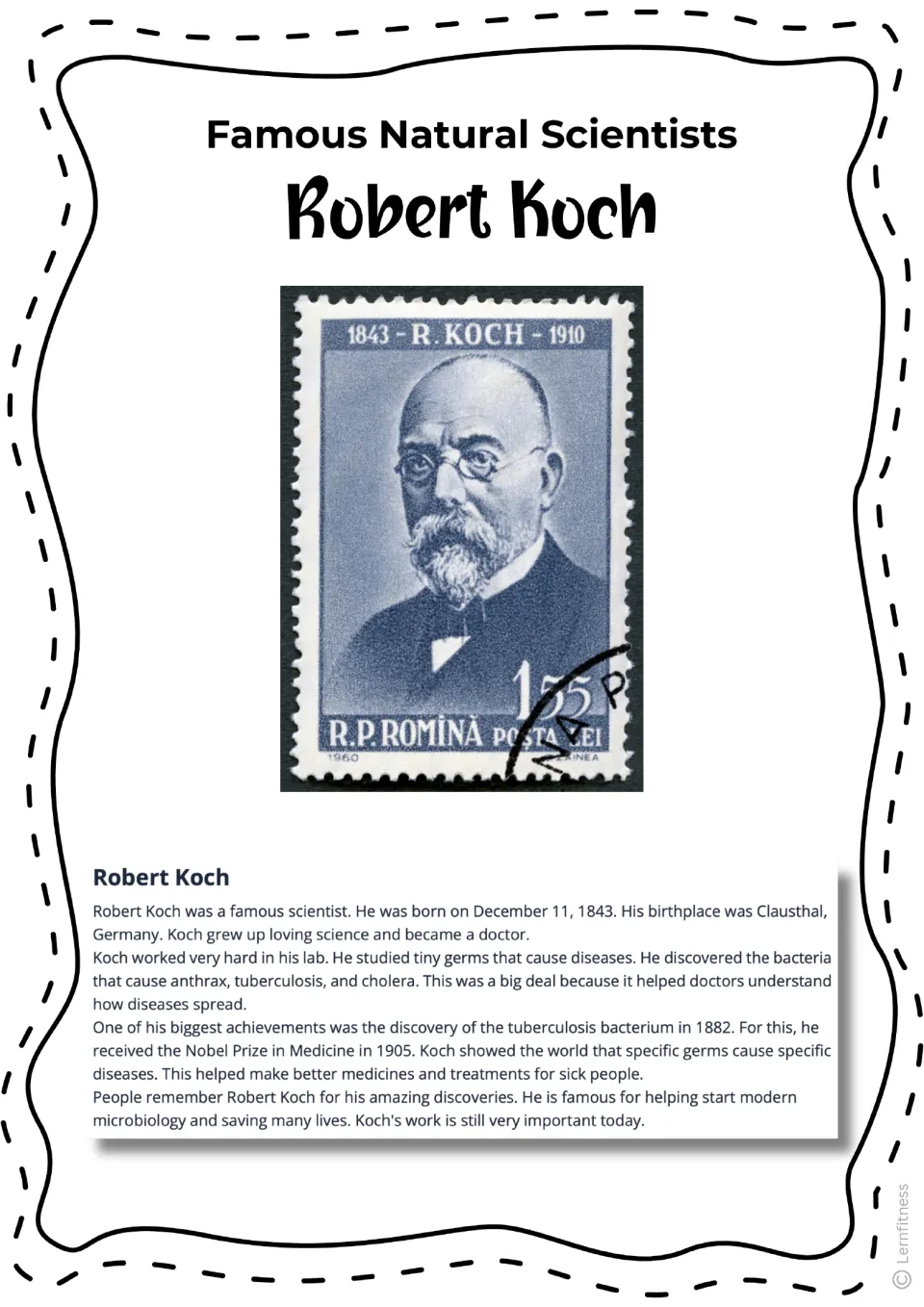 Robert Koch biography reading with a blue postage stamp portrait and facts about his bacteria research