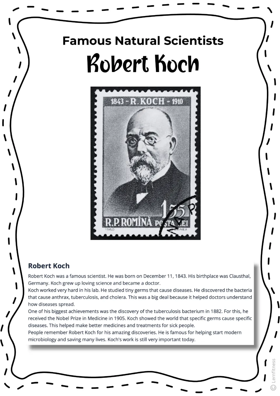 Robert Koch biography reading with a black-and-white stamp portrait and his 1882 tuberculosis discovery