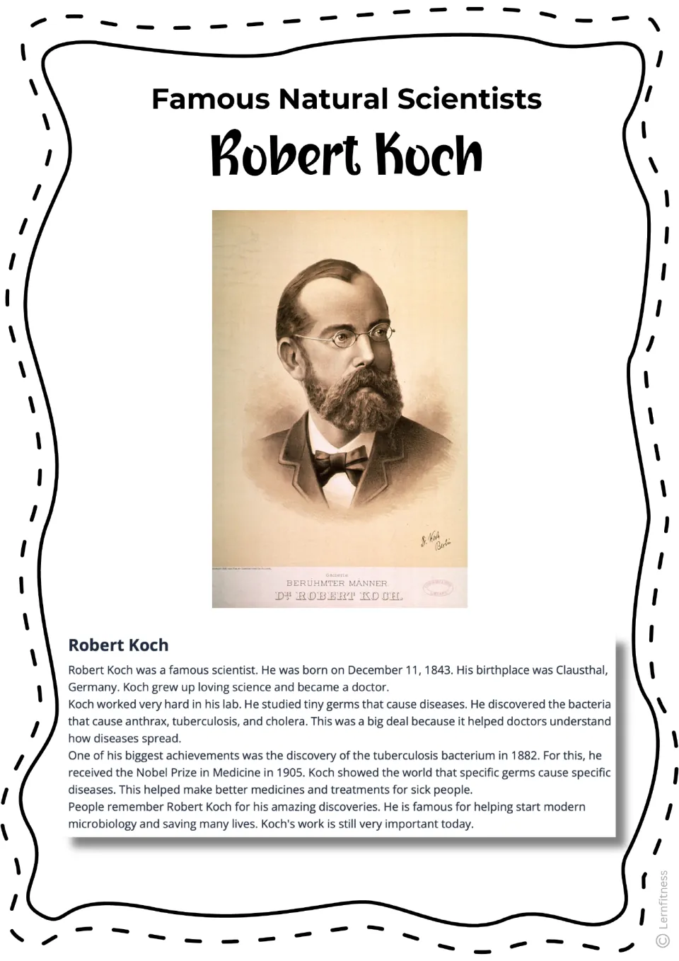 Robert Koch biography reading with a sepia portrait and facts about his life, research, and Nobel Prize