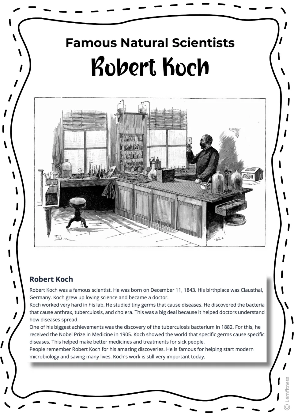 Robert Koch biography reading with a laboratory illustration and facts about germs that cause disease
