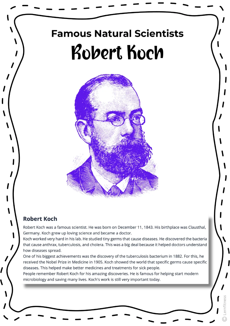 Robert Koch biography reading with a purple portrait and facts about anthrax, tuberculosis, and cholera