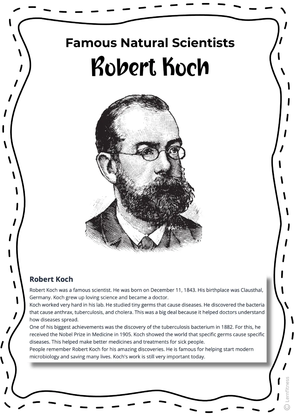 Robert Koch biography reading with a black-and-white portrait and facts about his role in microbiology