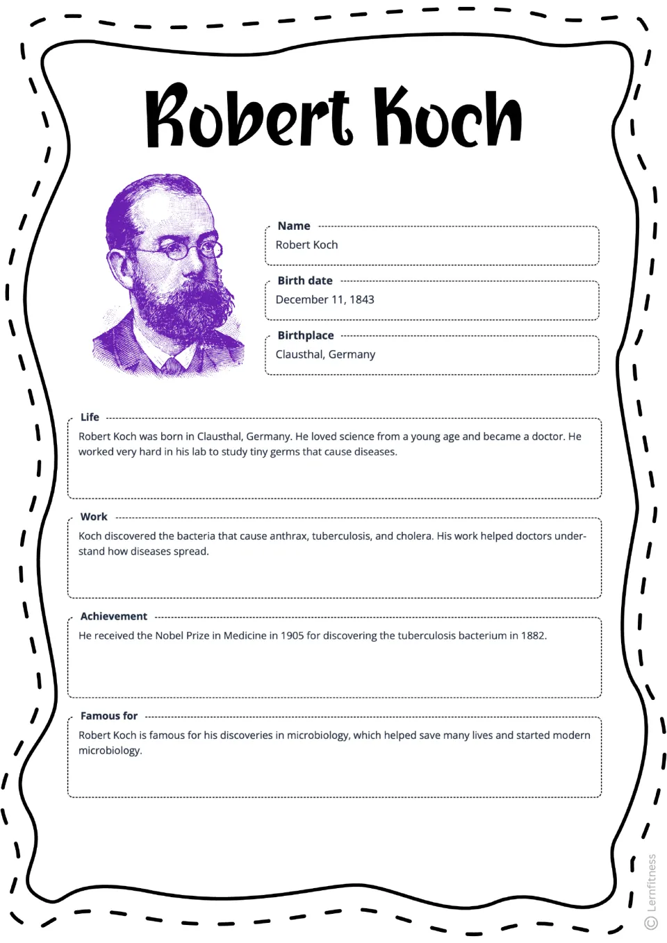 Completed Robert Koch fact sheet with a purple portrait, birth details, life, work, and achievements