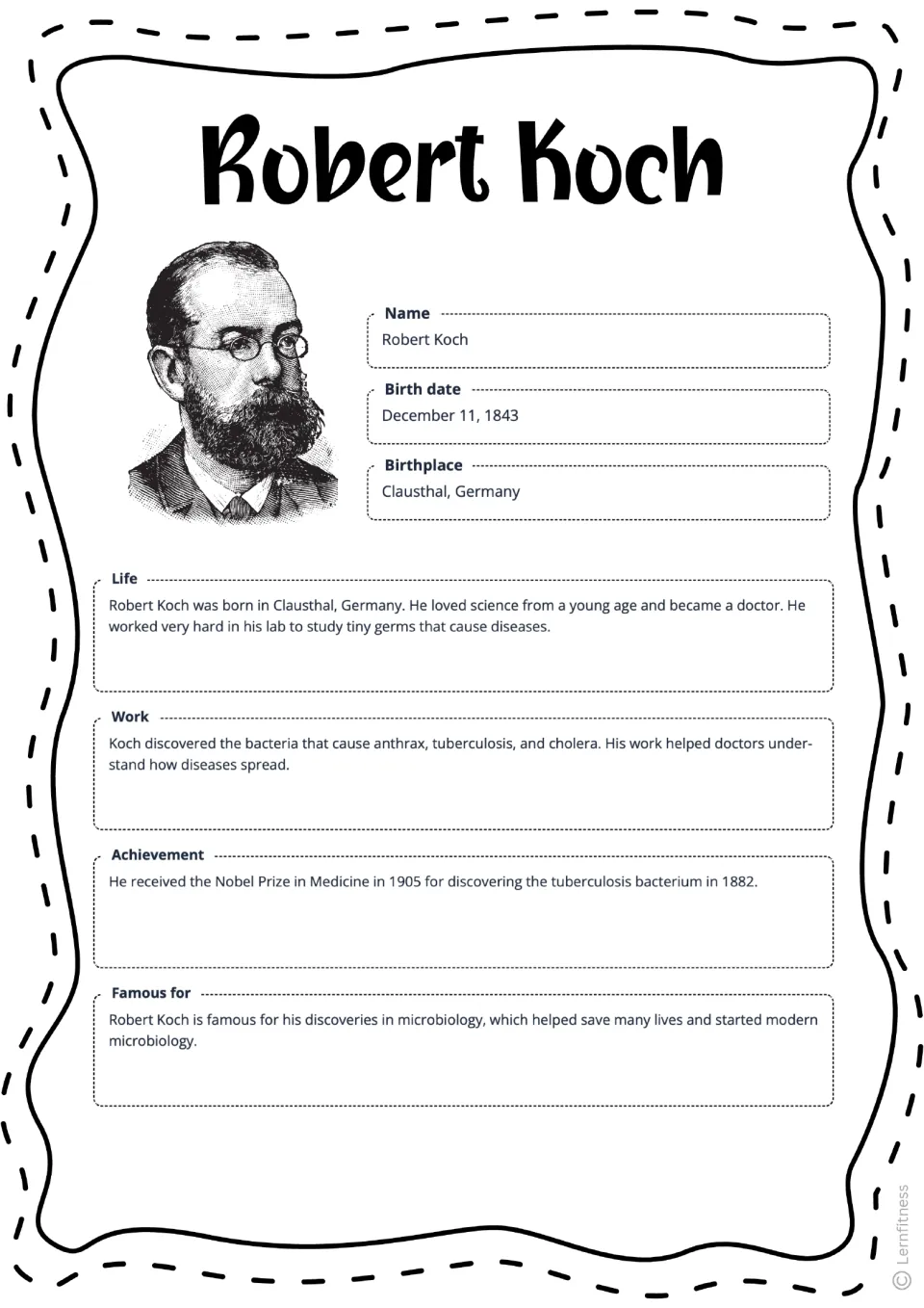 Completed Robert Koch fact sheet with a black-and-white portrait, birth details, and research summary