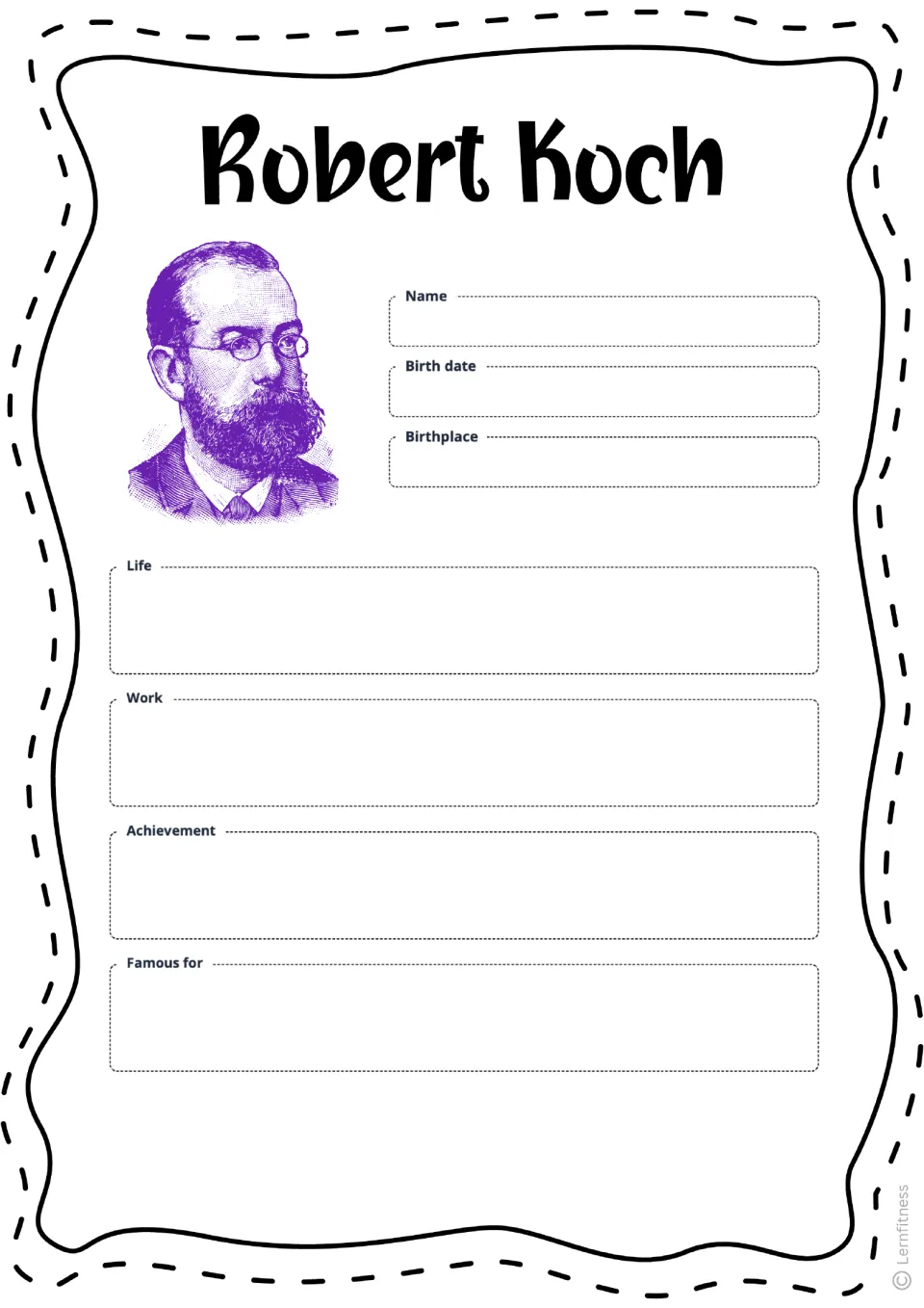 Blank Robert Koch fact sheet for recording birth details, life, work, achievements, and what he is famous for