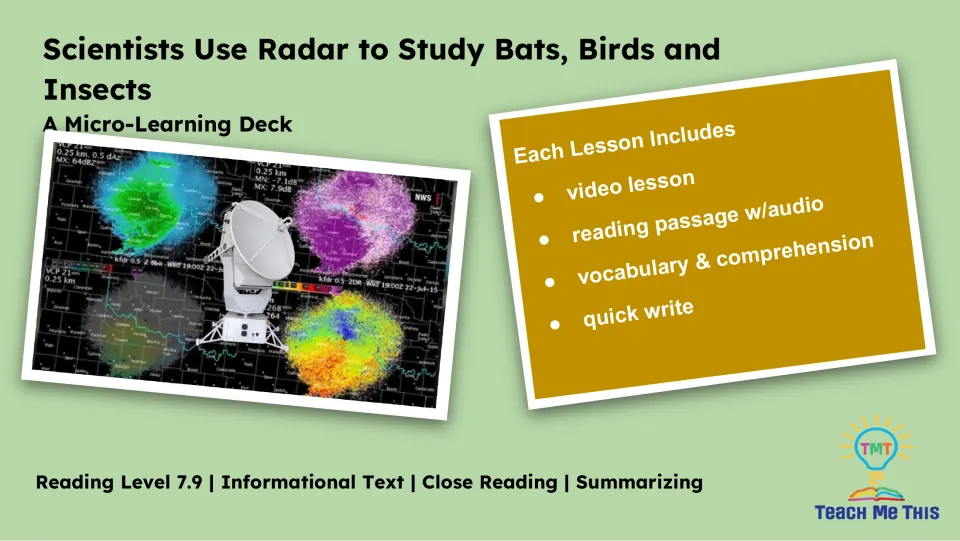 Lesson overview lists a video, reading passage with audio, vocabulary and comprehension, and a quick write