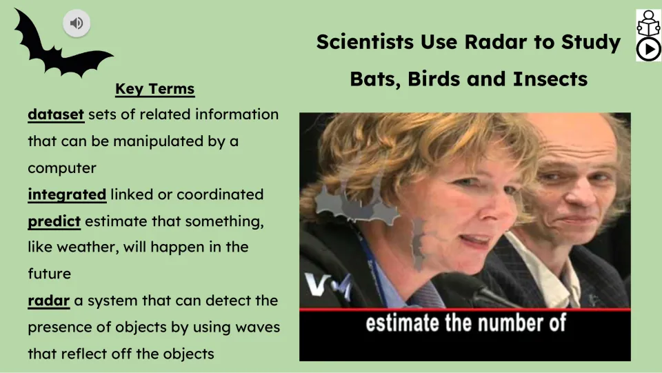 Vocabulary and video slide defines dataset, integrated, predict, and radar beside a lesson video still