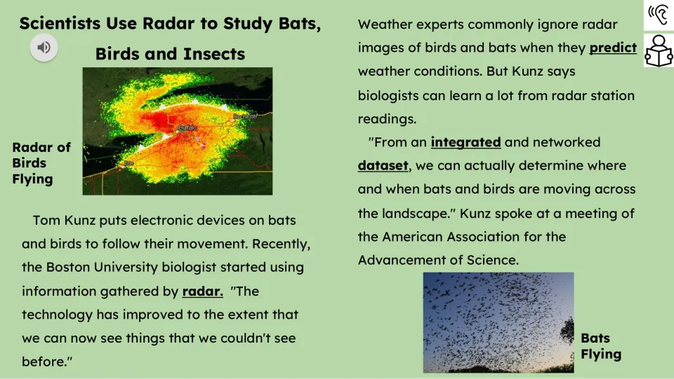 Reading passage part 1 explains how Tom Kunz uses radar data to track the movements of bats and birds