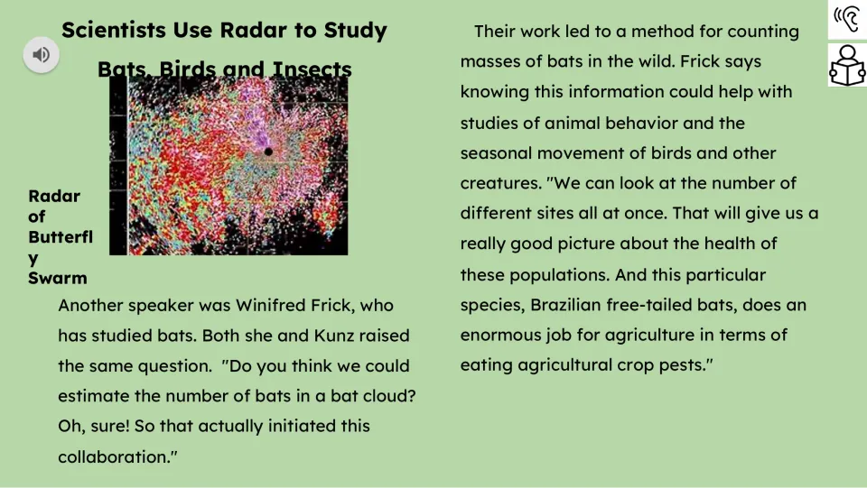 Reading passage part 2 describes Winifred Frick's work counting bats and their role in eating crop pests