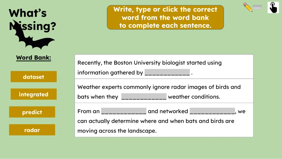 What's Missing activity asks students to fill four blanks using dataset, integrated, predict, and radar