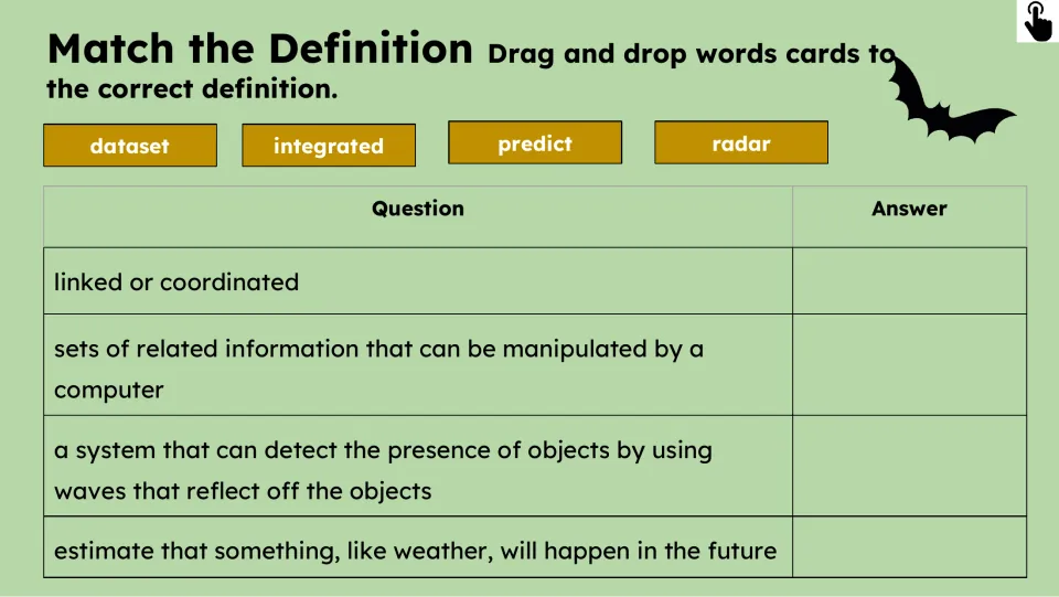 Match the Definition activity asks students to match dataset, integrated, predict, and radar to meanings
