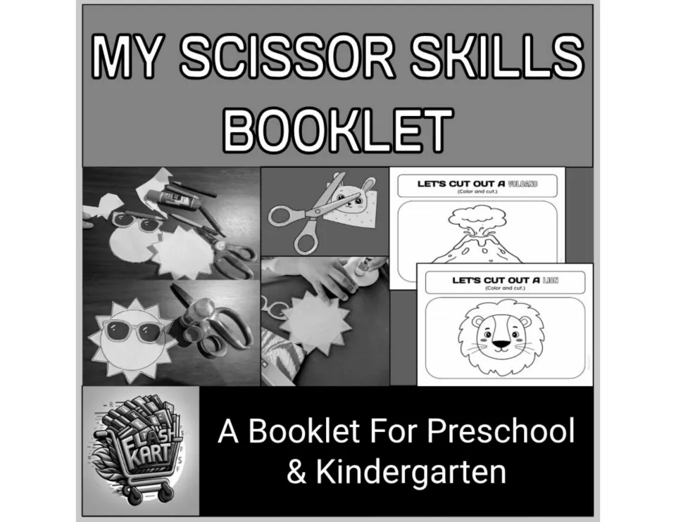 My Scissor Skills Booklet cover for preschool and kindergarten, with photos of cut-out suns and volcano and lion pages