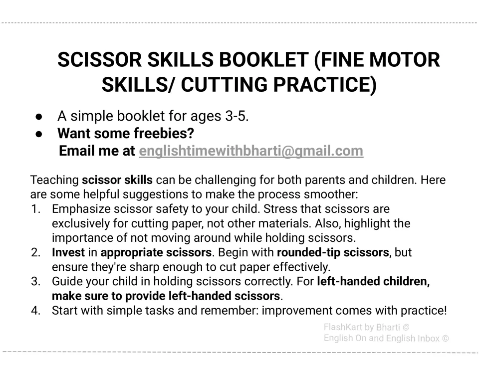 Cutting practice intro for ages 3-5 with four tips: scissor safety, rounded-tip scissors, correct grip, start simple