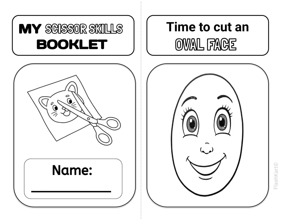 Booklet name page with a cat and scissors drawing, then 'Time to cut an oval face' with a smiling face to cut out