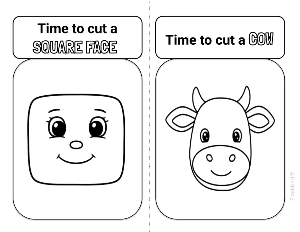 Time to cut a square face and a cow: children cut out a smiling square face and a cow's head with horns and big ears