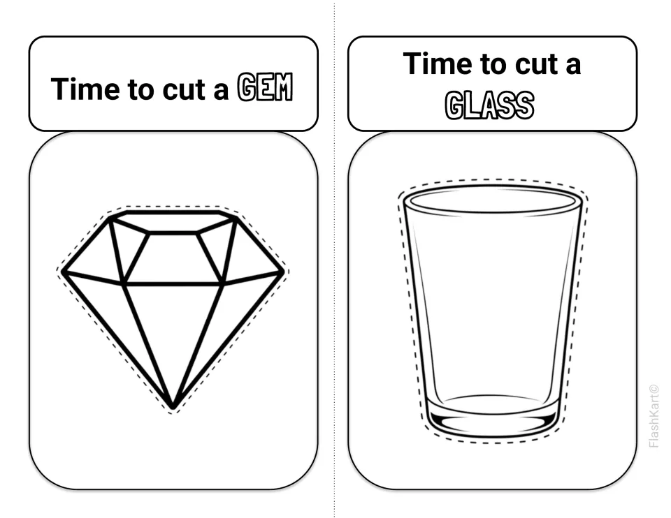 Time to cut a gem and a glass: children cut along dotted lines around a diamond and a drinking glass, practising angles