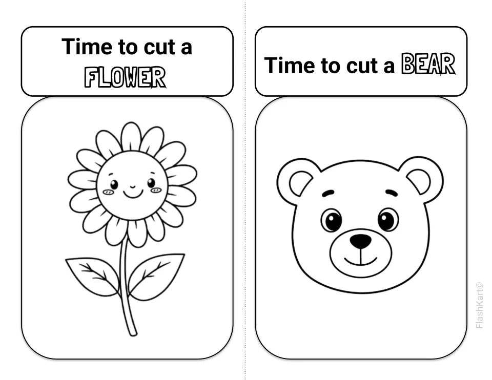 Time to cut a flower and a bear: children cut around a smiling sunflower with leaves and a round bear face with ears