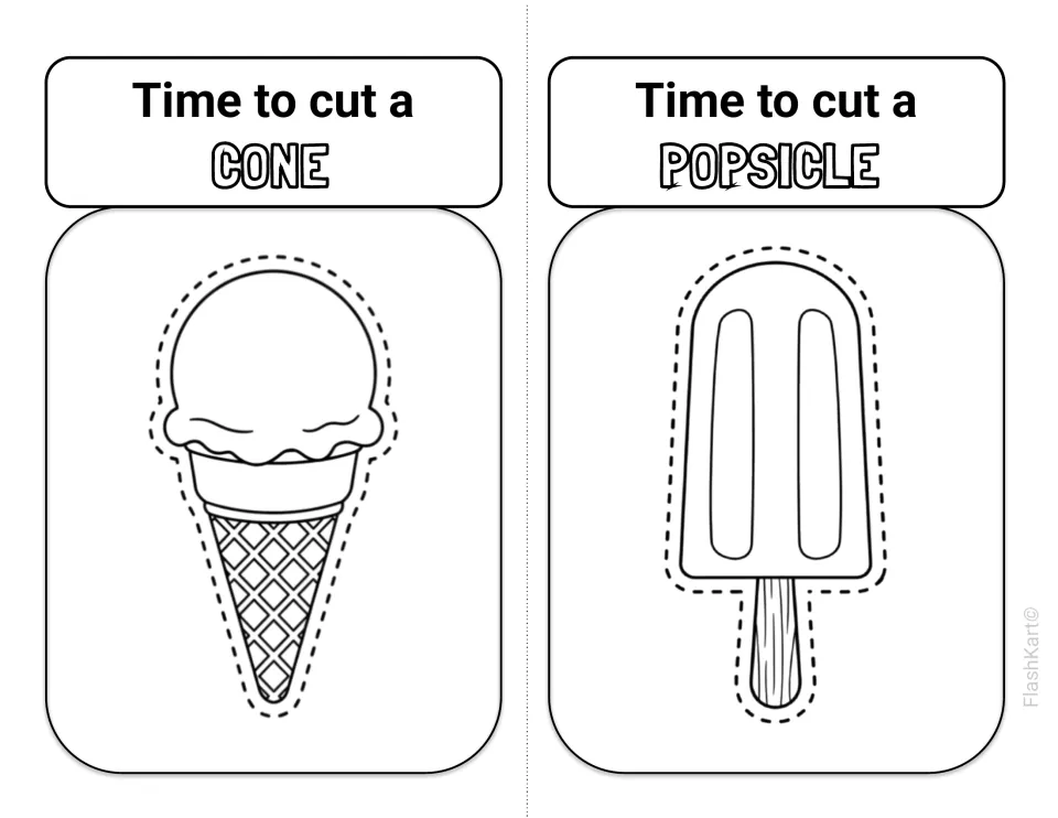 Time to cut a cone and a popsicle: children follow dotted lines around an ice cream cone and a popsicle on a stick
