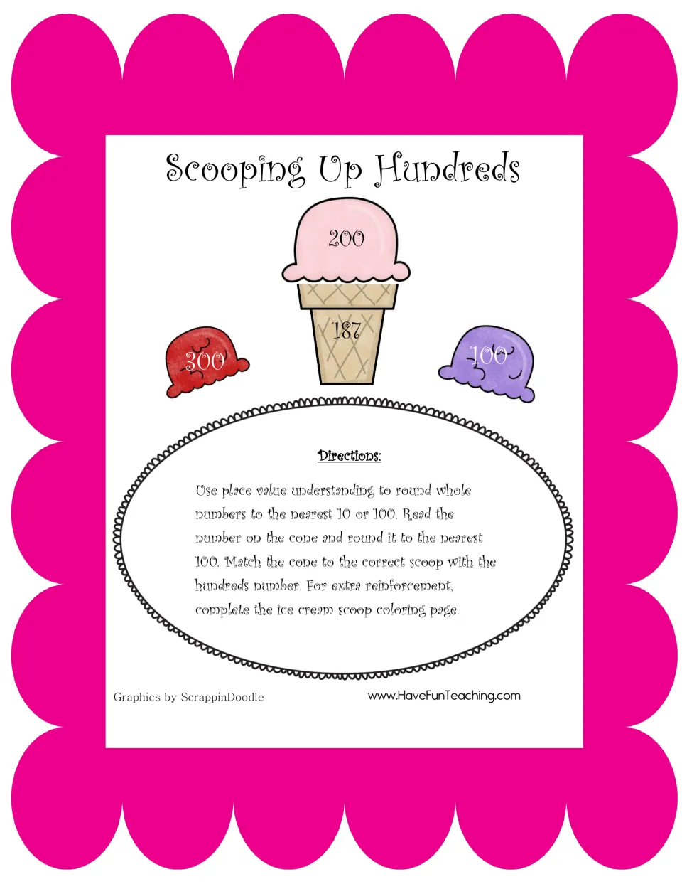 Scooping Up Hundreds title page: directions to round the number on each cone to the nearest 100 and match it to a scoop