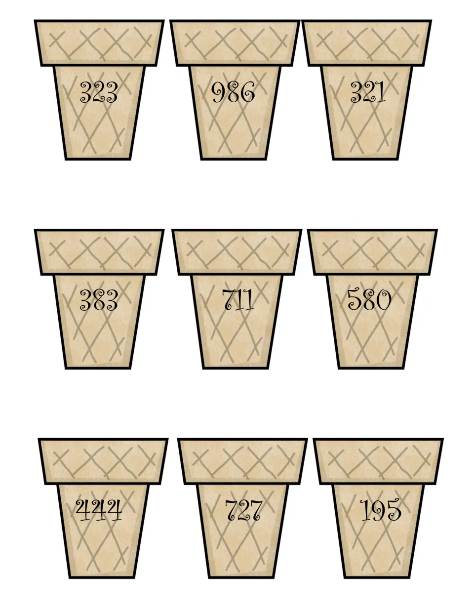 Rounding to the nearest 100: nine cone cards to cut out with numbers 323, 986, 321, 383, 711, 580, 444, 727 and 195
