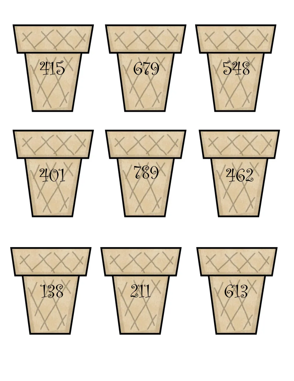 Cut-out cone cards, set two: round 415, 679, 548, 401, 789, 462, 138, 211 and 613 to the nearest 100 to find the scoop