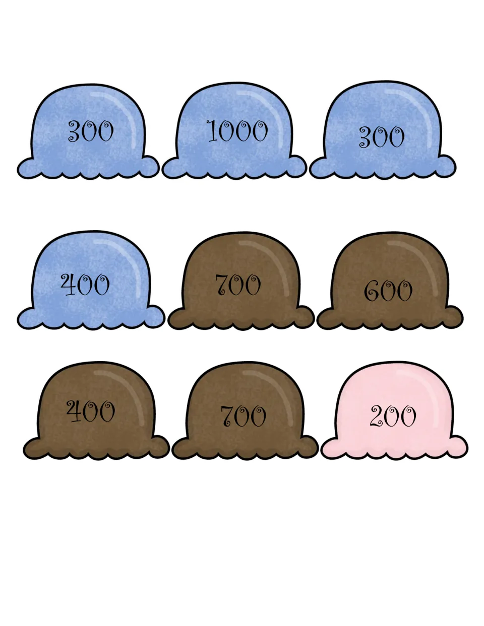 Hundreds scoop cards to cut out in blue, brown and pink, showing 300, 1000, 300, 400, 700, 600, 400, 700 and 200