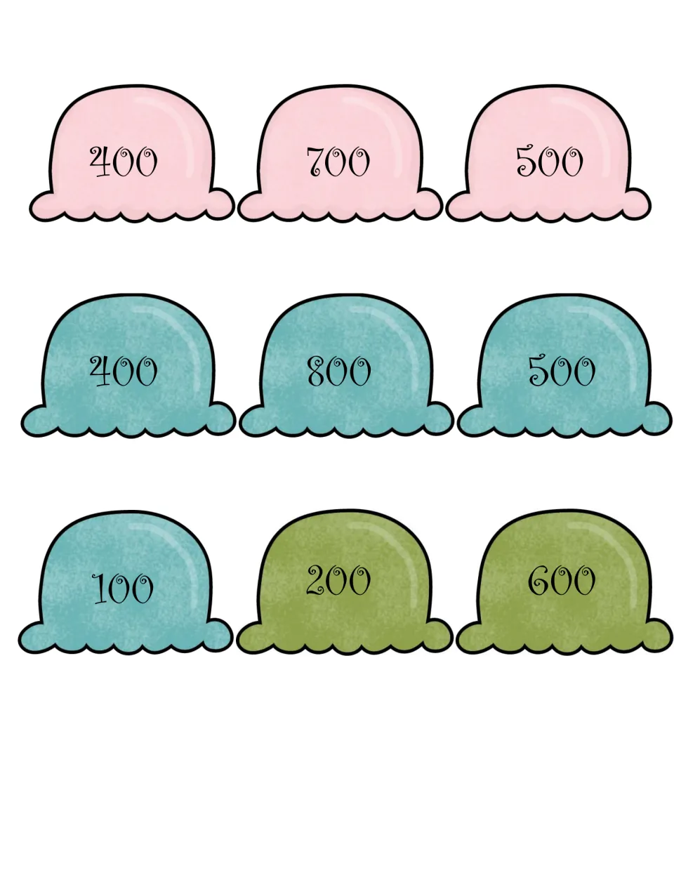 More hundreds scoop cards in pink, teal and green showing 400, 700, 500, 400, 800, 500, 100, 200 and 600 to cut out
