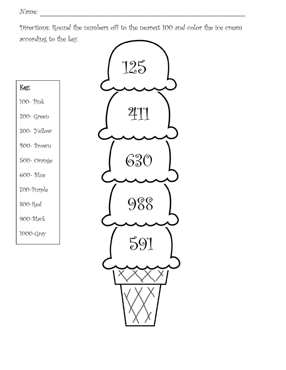 Color by rounding: students round 125, 411, 630, 988 and 591 to the nearest 100 and color each scoop using the color key