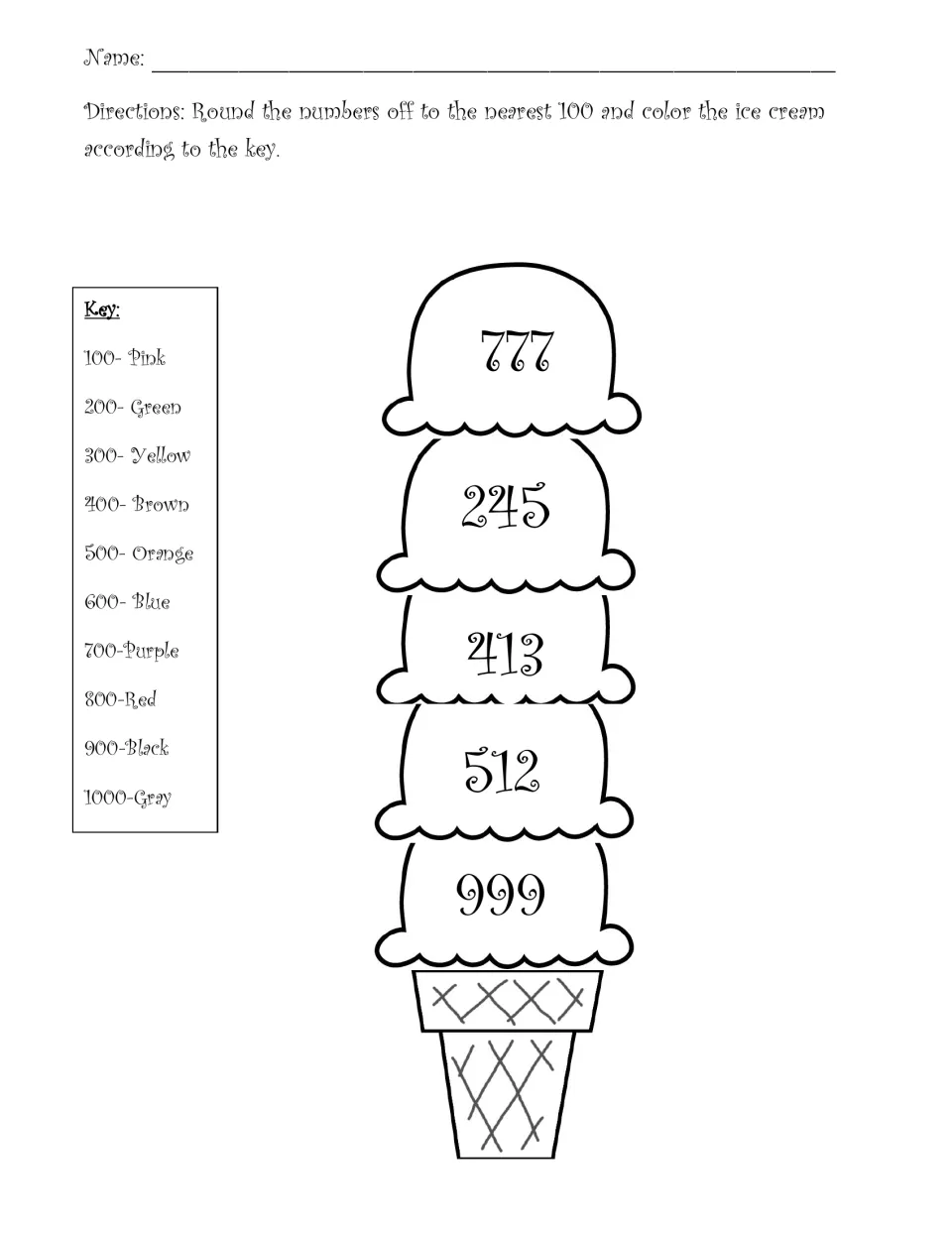 Second color-by-rounding cone: round 777, 245, 413, 512 and 999 to the nearest hundred, then color scoops by the key