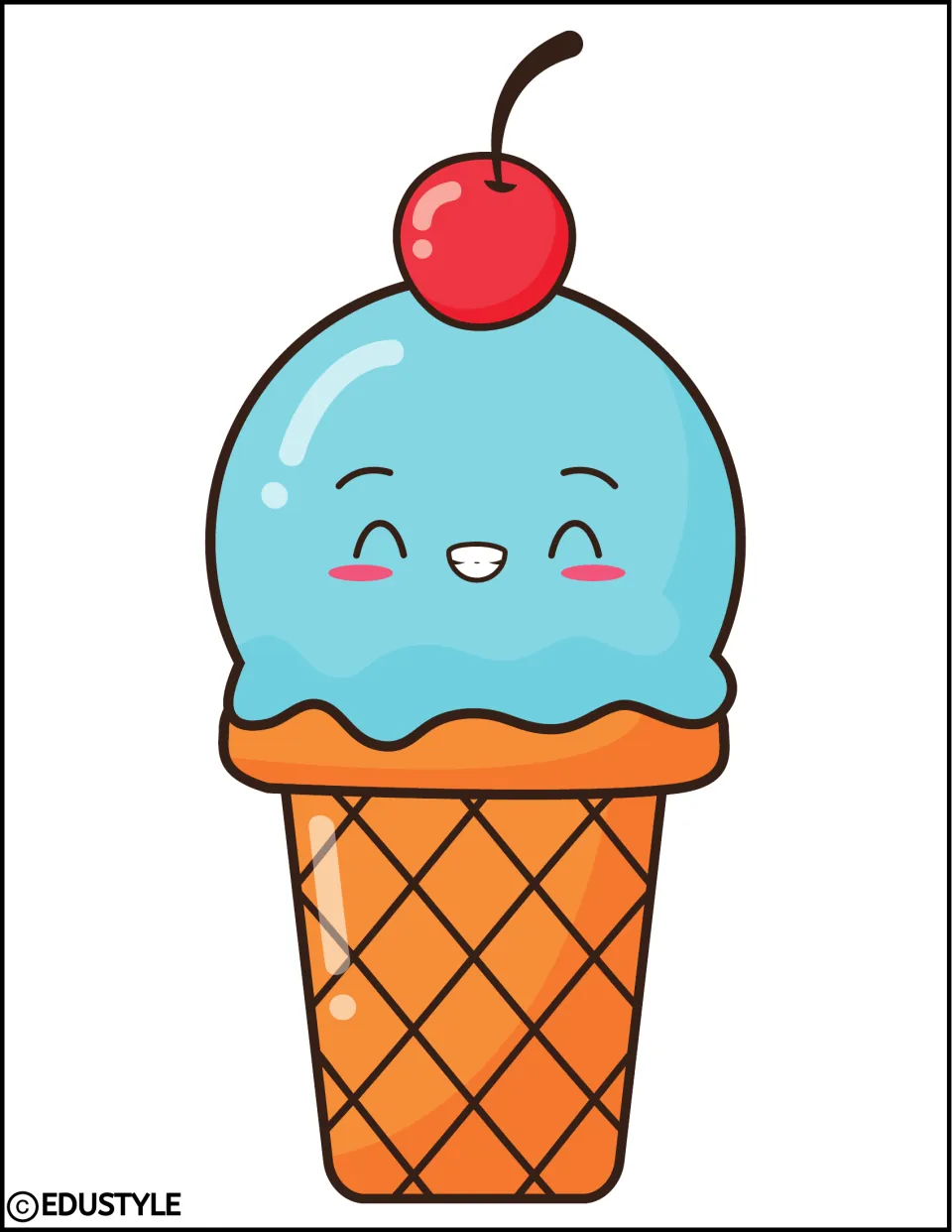 Smiling blue ice cream scoop on an orange waffle cone with a cherry for the summer bulletin board or door display