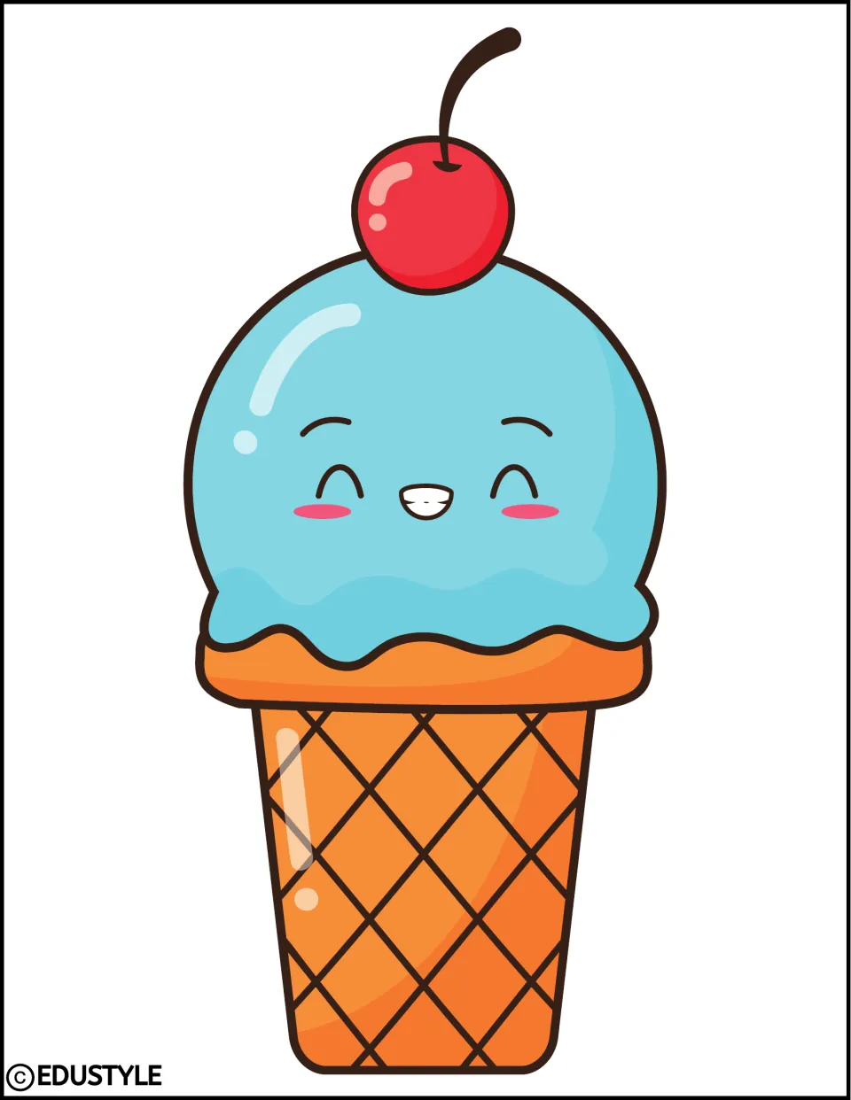 Smiling blue ice cream scoop with a cherry on top in an orange waffle cone, a full-colour character cut-out for the display