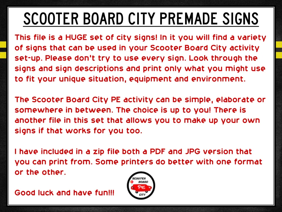 Introduction to the premade city signs explains choosing signs for your space and printing PDF or JPG versions.