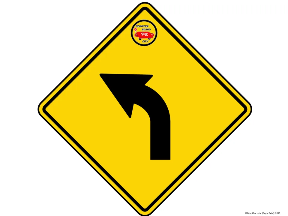 Printable left-curve warning sign for the scooter board city activity shows a black arrow on a yellow diamond.