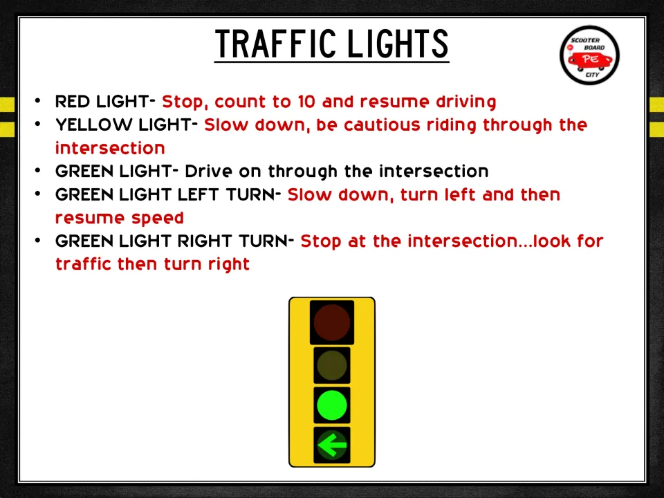 Traffic light guide gives scooter board city directions for red, yellow, green, and green left and right turns.