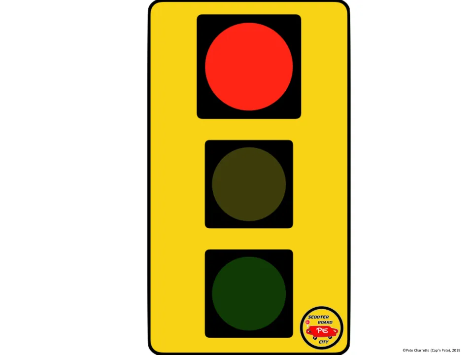 Printable red traffic light sign for scooter board city marks the signal to stop, count to 10, and resume.