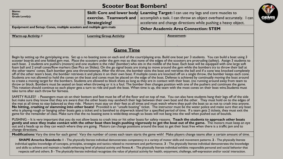 Scooter Boat Bombers lesson plan: boat setup, game rules, safety rules, pushing tips and modifications for the gym game
