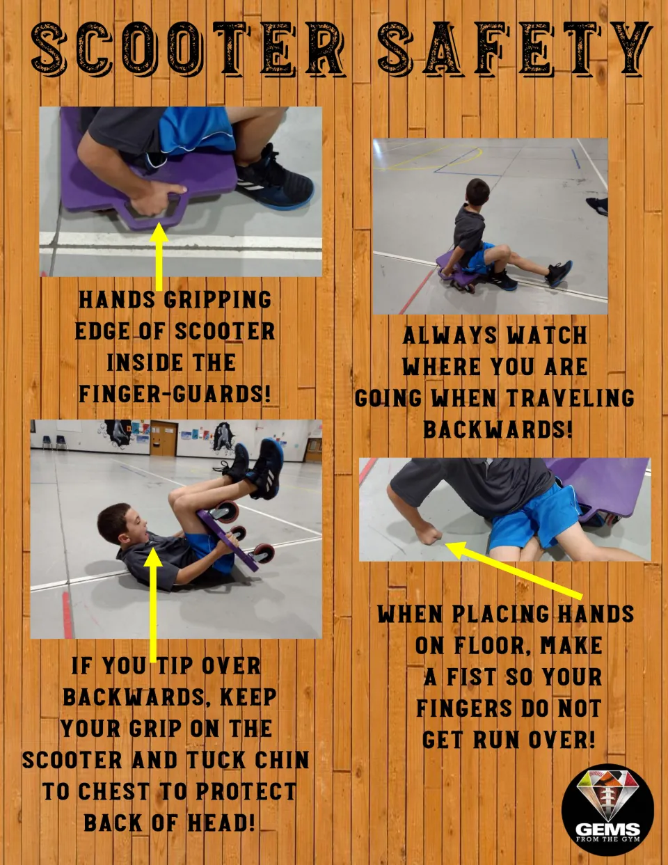 Scooter safety poster 1 of 10: photos show protected grips, looking backward, a tucked chin, and closed fists.
